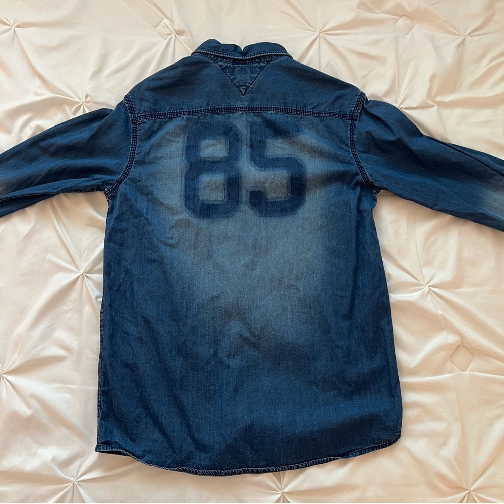 Tommy Hilfiger denim style button down shirt with number graphic
